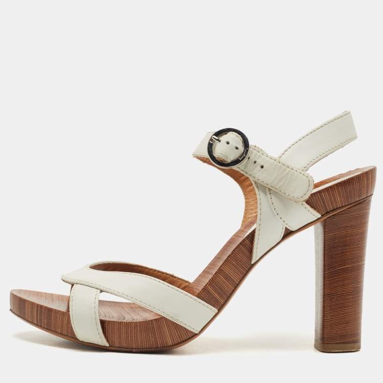 Pre Owned Salvatore Ferragamo White Leather Platform Ankle Strap Sandals Size 38