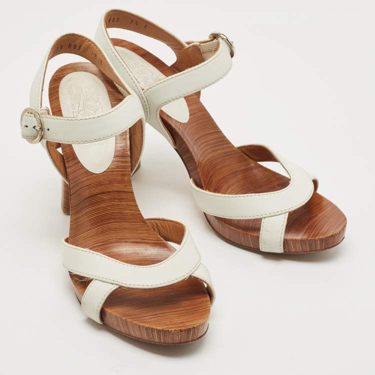 Pre Owned Salvatore Ferragamo White Leather Platform Ankle Strap Sandals Size 38