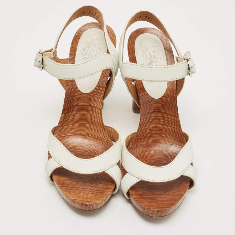 Pre Owned Salvatore Ferragamo White Leather Platform Ankle Strap Sandals Size 38