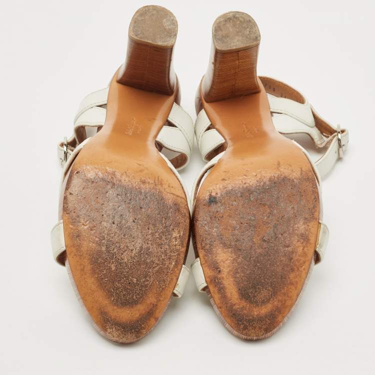 Pre Owned Salvatore Ferragamo White Leather Platform Ankle Strap Sandals Size 38