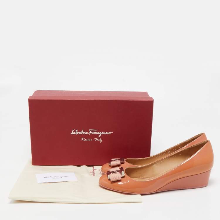 Pre Owned Salvatore Ferragamo Pink Patent Leather Ninna Wedge Pumps Size 40.5