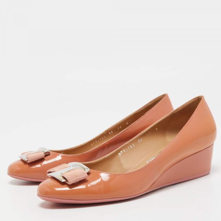 Pre Owned Salvatore Ferragamo Pink Patent Leather Ninna Wedge Pumps Size 40.5