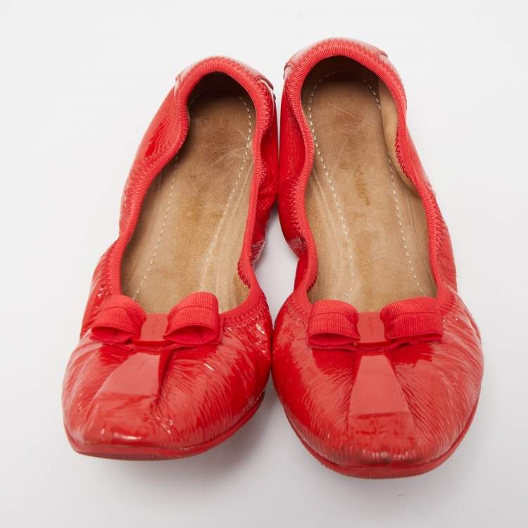 Pre Owned Salvatore Ferragamo Red Patent Leather My Joy Scrunch Ballet Flats Size 40.5