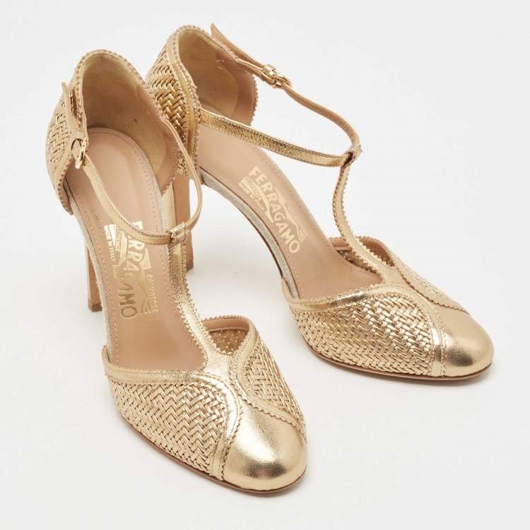 Pre Owned Salvatore Ferragamo Gold Woven Leather Emanuela Pumps Size 38