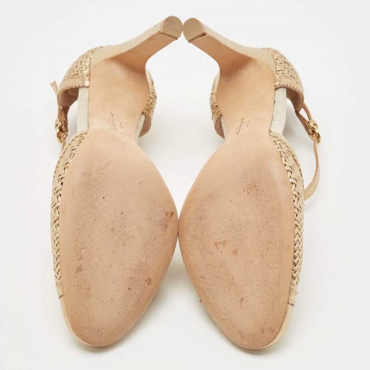 Pre Owned Salvatore Ferragamo Gold Woven Leather Emanuela Pumps Size 38