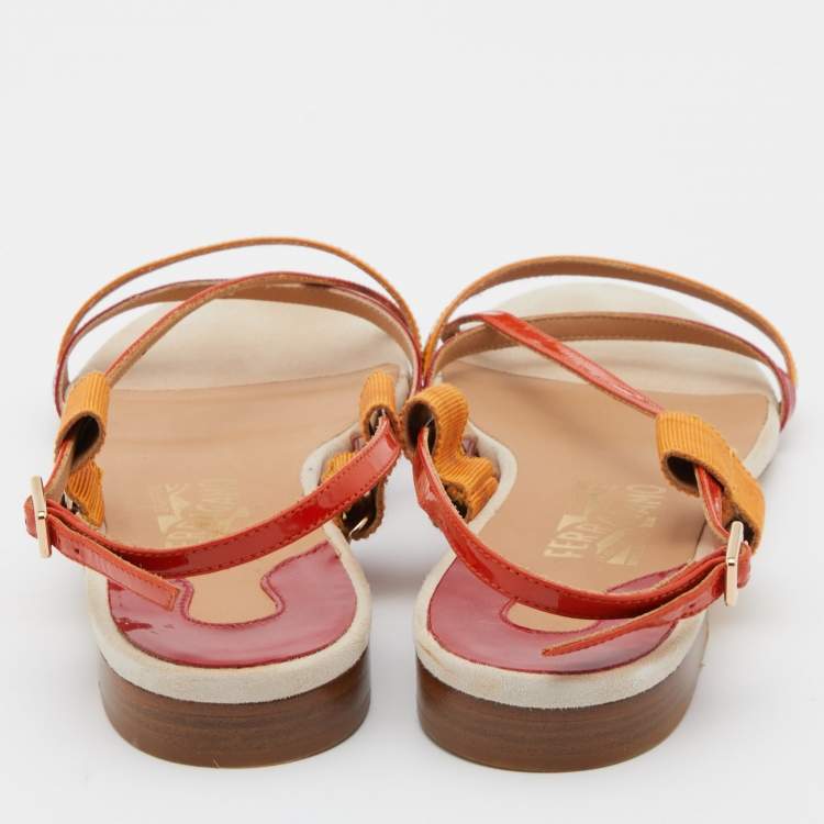 Pre Owned Salvatore Ferragamo Multicolor Patent Leather Strappy Slingback Flat Sandals Size 38.5