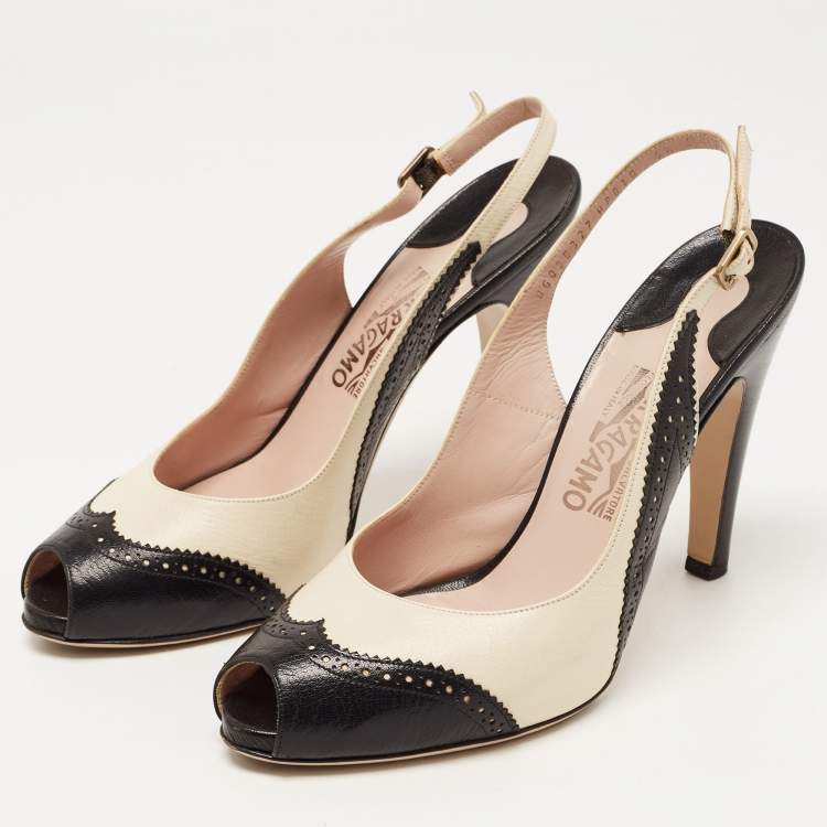 Salvatore Ferragamo Black Off White Brogue Leather Peep Toe