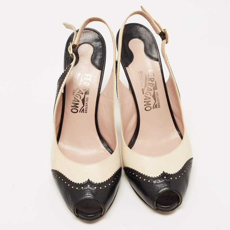 Pre Owned Salvatore Ferragamo Black/Off White Brogue Leather Peep Toe Slingback Pumps Size 40