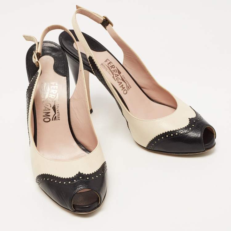 Pre Owned Salvatore Ferragamo Black/Off White Brogue Leather Peep Toe Slingback Pumps Size 40