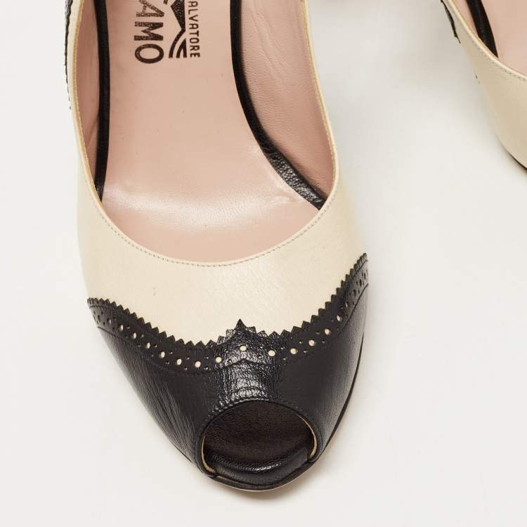 Pre Owned Salvatore Ferragamo Black/Off White Brogue Leather Peep Toe Slingback Pumps Size 40