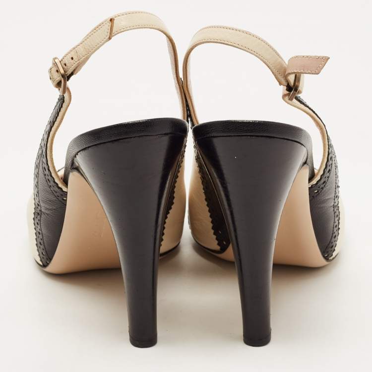 Pre Owned Salvatore Ferragamo Black/Off White Brogue Leather Peep Toe Slingback Pumps Size 40