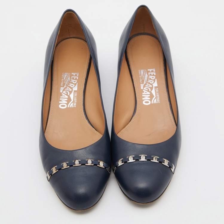 Pre Owned Salvatore Ferragamo Blue Leather Block Heel Pumps Size 39