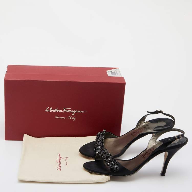 Pre Owned Salvatore Ferragamo Black Satin Crystal Embellished Ankle Strap Sandals Size 40