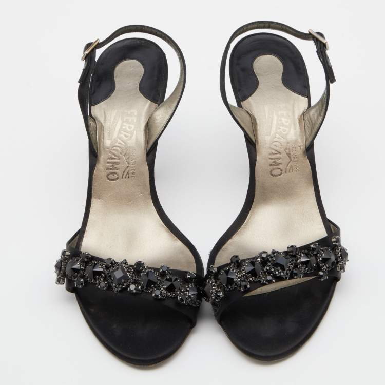 Pre Owned Salvatore Ferragamo Black Satin Crystal Embellished Ankle Strap Sandals Size 40