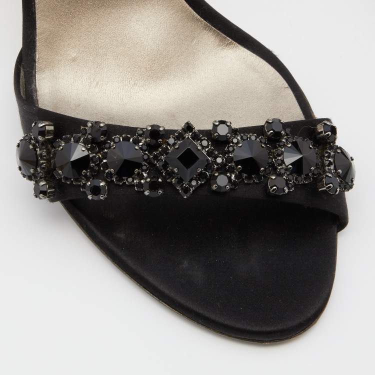Pre Owned Salvatore Ferragamo Black Satin Crystal Embellished Ankle Strap Sandals Size 40