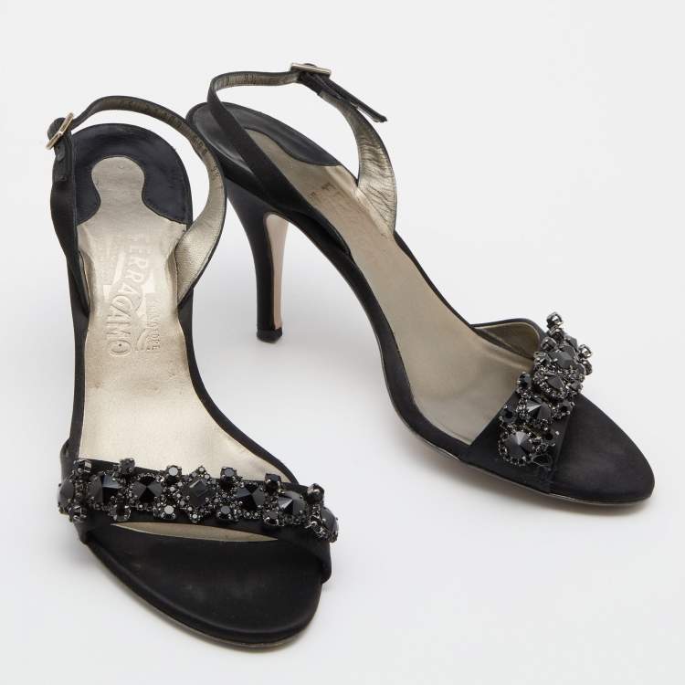 Pre Owned Salvatore Ferragamo Black Satin Crystal Embellished Ankle Strap Sandals Size 40
