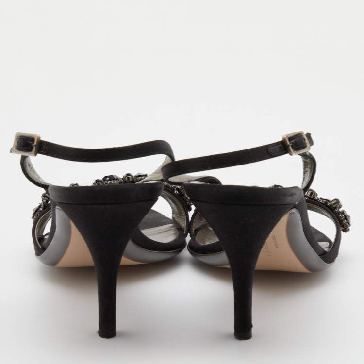 Pre Owned Salvatore Ferragamo Black Satin Crystal Embellished Ankle Strap Sandals Size 40