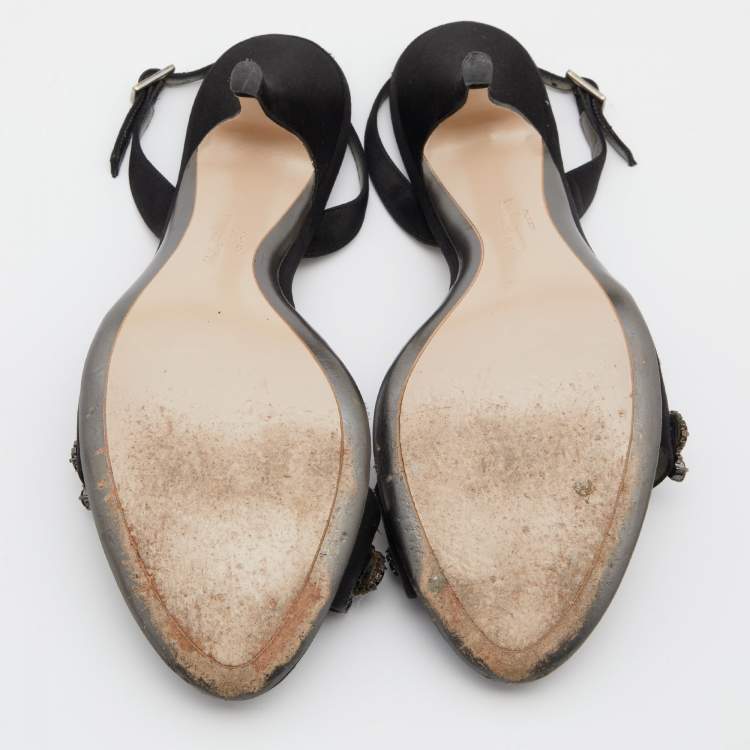 Pre Owned Salvatore Ferragamo Black Satin Crystal Embellished Ankle Strap Sandals Size 40
