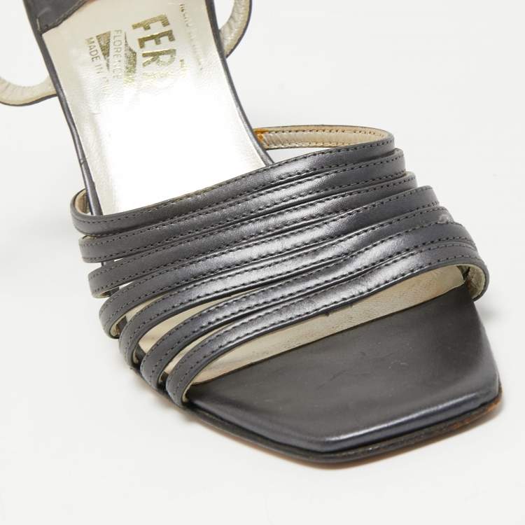 Pre Owned Salvatore Ferragamo Grey Leather Strappy Wedge Sandals Size 36.5 