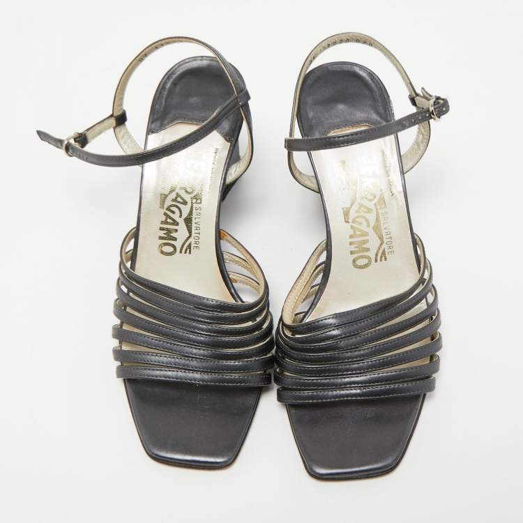 Pre Owned Salvatore Ferragamo Grey Leather Strappy Wedge Sandals Size 36.5 