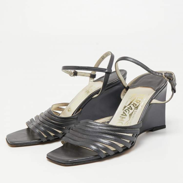 Pre Owned Salvatore Ferragamo Grey Leather Strappy Wedge Sandals Size 36.5 