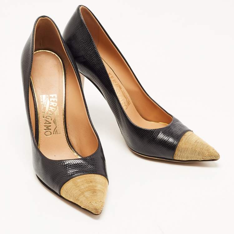 Pre Owned Salvatore Ferragamo Black Textured Leather Chainlink Cap Toe Pumps Size 39
