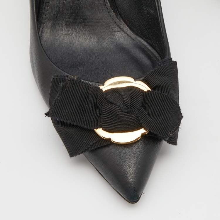 Pre Owned Salvatore Ferragamo Black Leather Bow Pumps Size 39.5