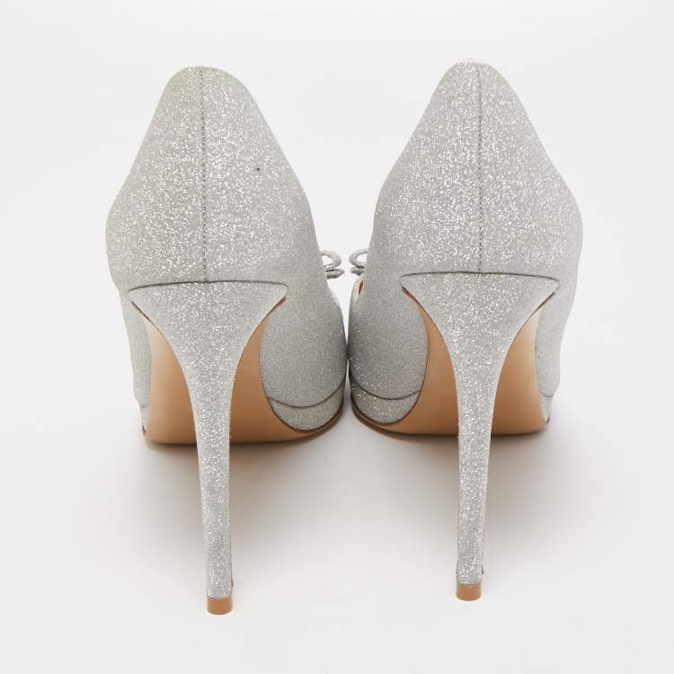 Pre Owned Salvatore Ferragamo Silver Glitter Osimo Platform Pumps Size 40