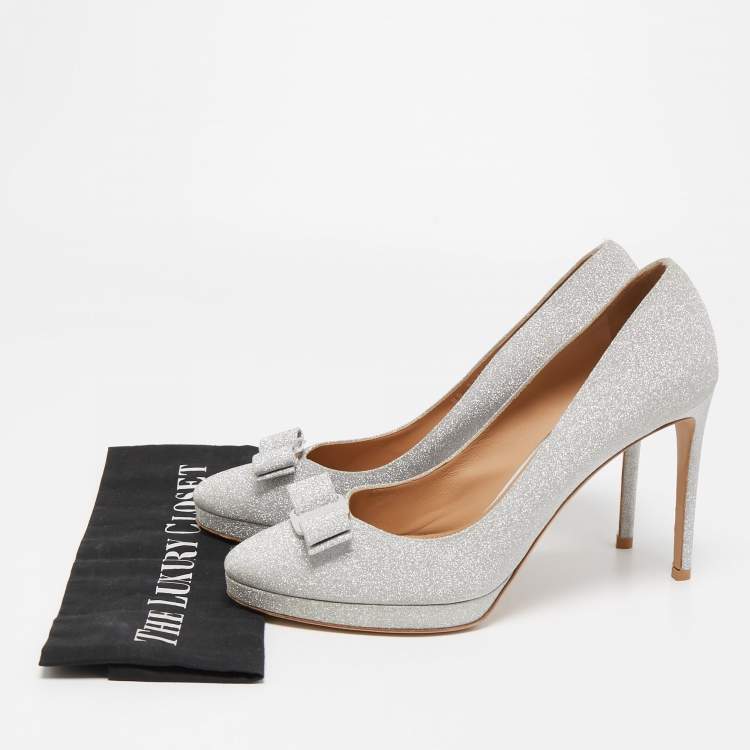Pre Owned Salvatore Ferragamo Silver Glitter Osimo Platform Pumps Size 40