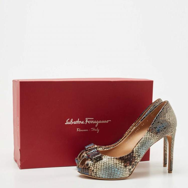 Pre Owned Salvatore Ferragamo Multicolor Python Embossed Leather Studded Vara Bow Peep Toe Pumps Size 40.5