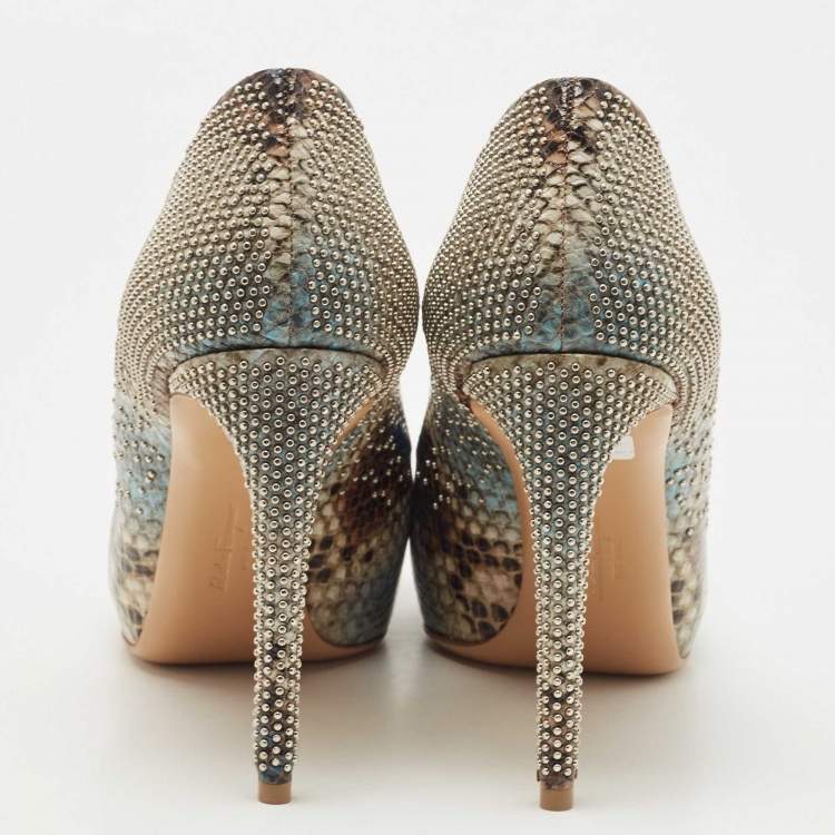 Pre Owned Salvatore Ferragamo Multicolor Python Embossed Leather Studded Vara Bow Peep Toe Pumps Size 40.5