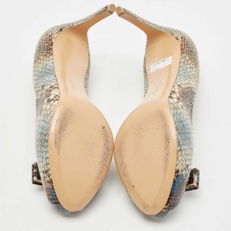 Pre Owned Salvatore Ferragamo Multicolor Python Embossed Leather Studded Vara Bow Peep Toe Pumps Size 40.5