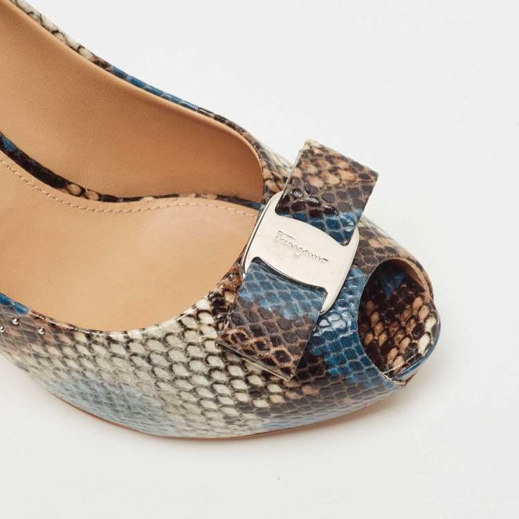 Pre Owned Salvatore Ferragamo Multicolor Python Embossed Leather Studded Vara Bow Peep Toe Pumps Size 40.5