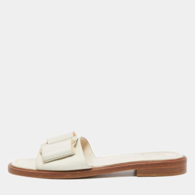 Salvatore Ferragamo White Leather Vara Bow Flat Slides Size 40.5 Salvatore Ferragamo The Luxury Closet