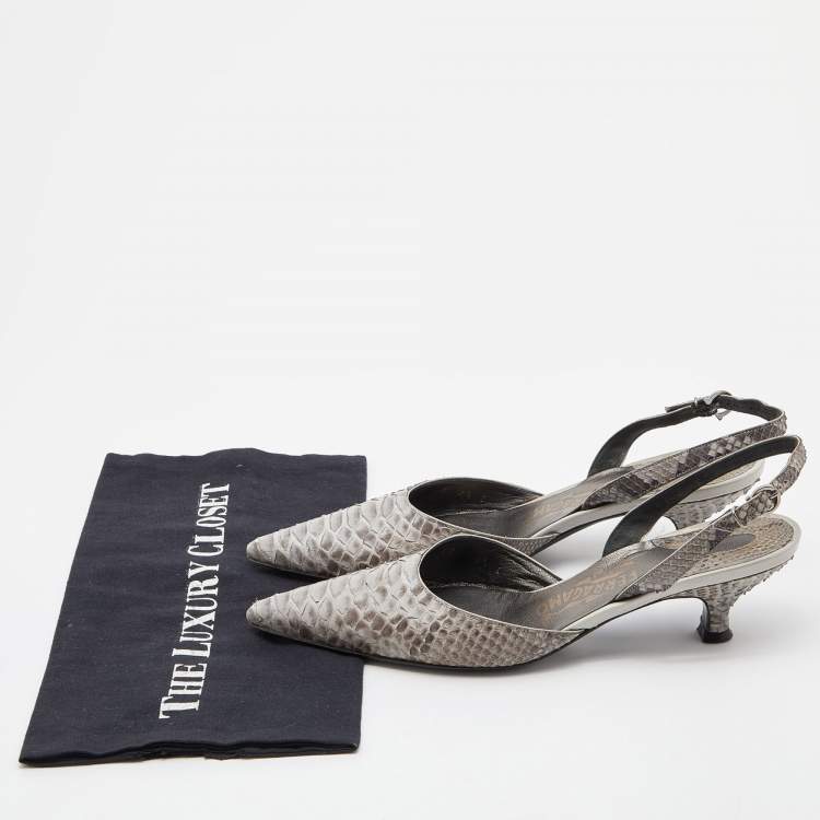 Pre Owned Salvatore Ferragamo Grey Python Slingback Pumps Size 38