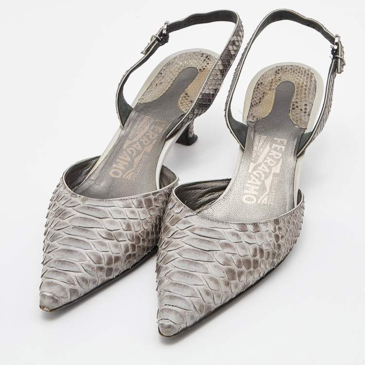 Pre Owned Salvatore Ferragamo Grey Python Slingback Pumps Size 38