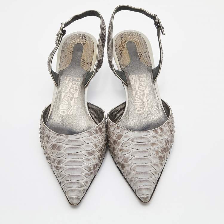 Pre Owned Salvatore Ferragamo Grey Python Slingback Pumps Size 38