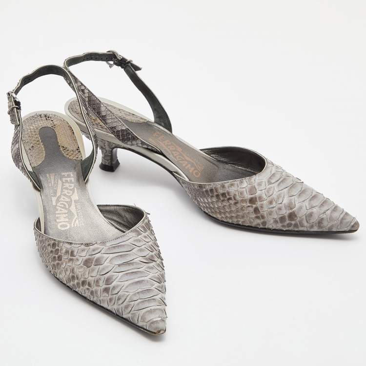 Pre Owned Salvatore Ferragamo Grey Python Slingback Pumps Size 38