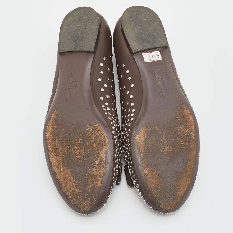 Pre Owned Salvatore Ferragamo Brown Studded Leather Vara Bow Ballet Flats Size 37