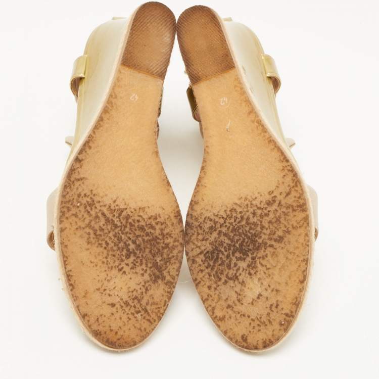 Pre Owned Salvatore Ferragamo Gold Patent Leather And Stretch Fabric Carioca Wedge Espadrille Sandals Size 42