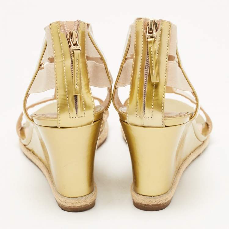 Pre Owned Salvatore Ferragamo Gold Patent Leather And Stretch Fabric Carioca Wedge Espadrille Sandals Size 42