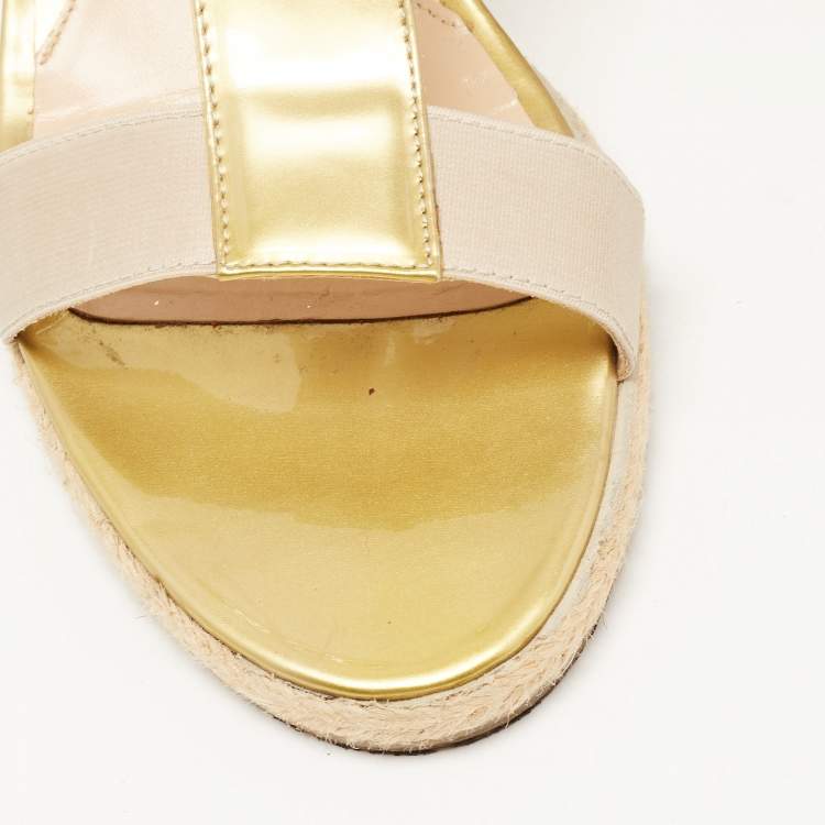 Pre Owned Salvatore Ferragamo Gold Patent Leather And Stretch Fabric Carioca Wedge Espadrille Sandals Size 42