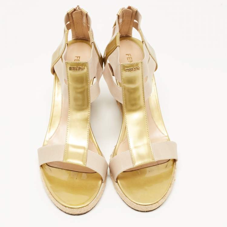 Pre Owned Salvatore Ferragamo Gold Patent Leather And Stretch Fabric Carioca Wedge Espadrille Sandals Size 42