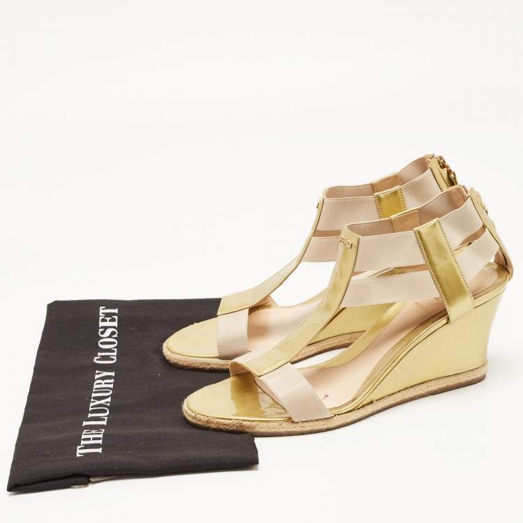 Pre Owned Salvatore Ferragamo Gold Patent Leather And Stretch Fabric Carioca Wedge Espadrille Sandals Size 42