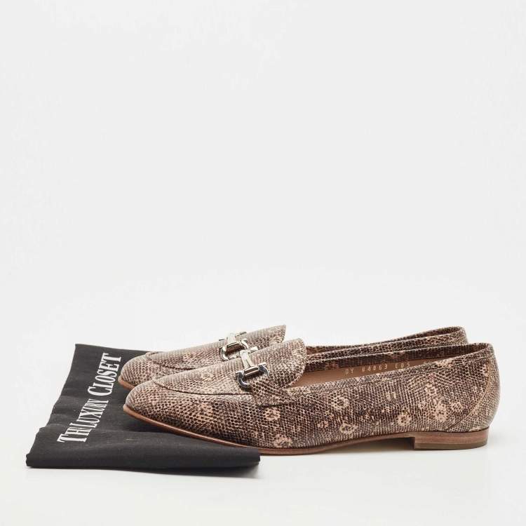 Pre Owned Salvatore Ferragamo Beige/Brown Lizard Embossed Leather Gancini Loafers Size 39