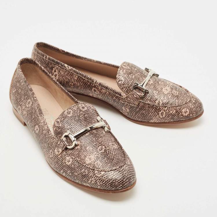 Pre Owned Salvatore Ferragamo Beige/Brown Lizard Embossed Leather Gancini Loafers Size 39