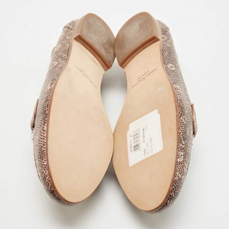Pre Owned Salvatore Ferragamo Beige/Brown Lizard Embossed Leather Gancini Loafers Size 39