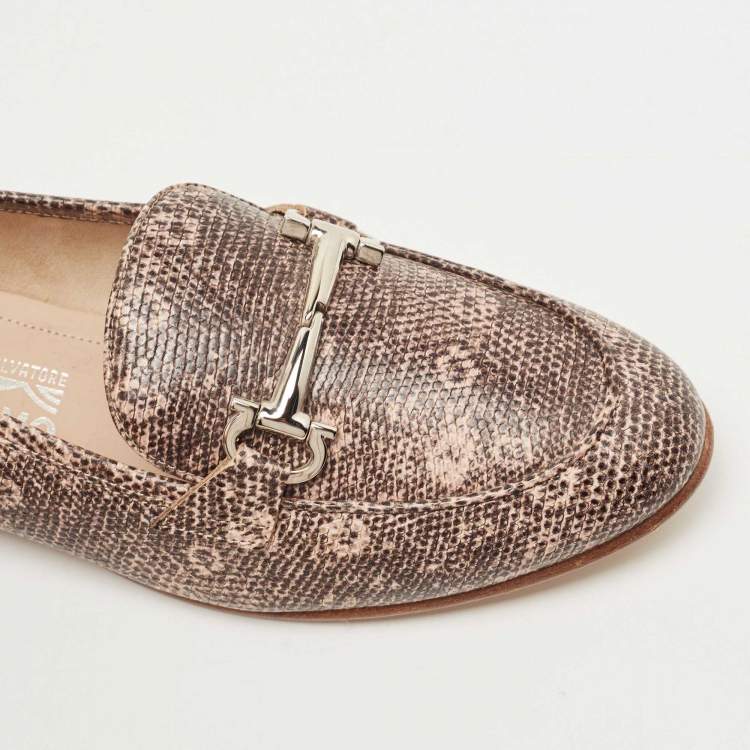 Pre Owned Salvatore Ferragamo Beige/Brown Lizard Embossed Leather Gancini Loafers Size 39