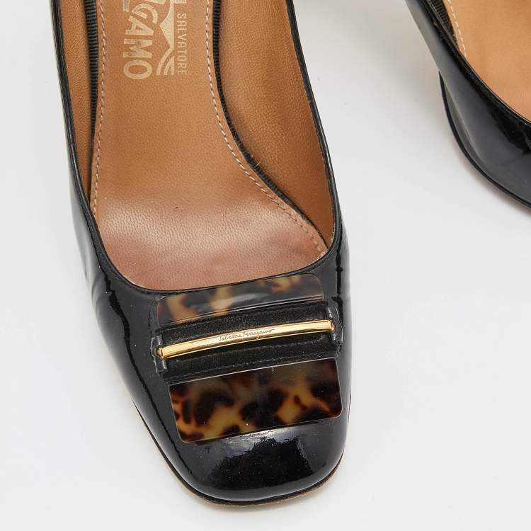 Pre Owned Salvatore Ferragamo Black Patent Leather Block Heel Pumps Size 37.5