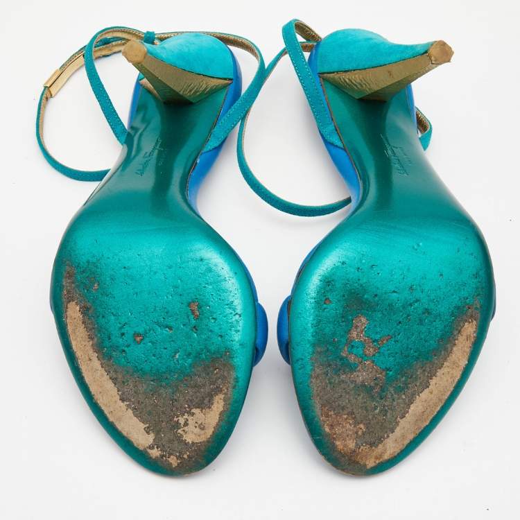 Pre Owned Salvatore Ferragamo Blue/Green Leather and Suede Ankle Strap Sandals Size 37.5